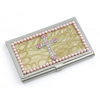 Business Card Holder - 12 PCS Enamel Accented w/ Pearl - Pink - CH-GCH1290PN 